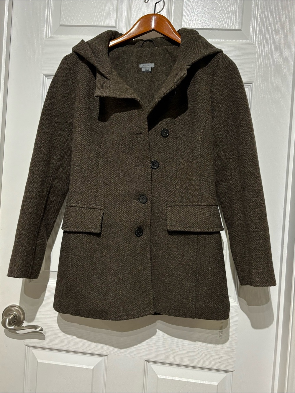 m0851 Women's Hooded Wool Pea Coat in Dark Brown